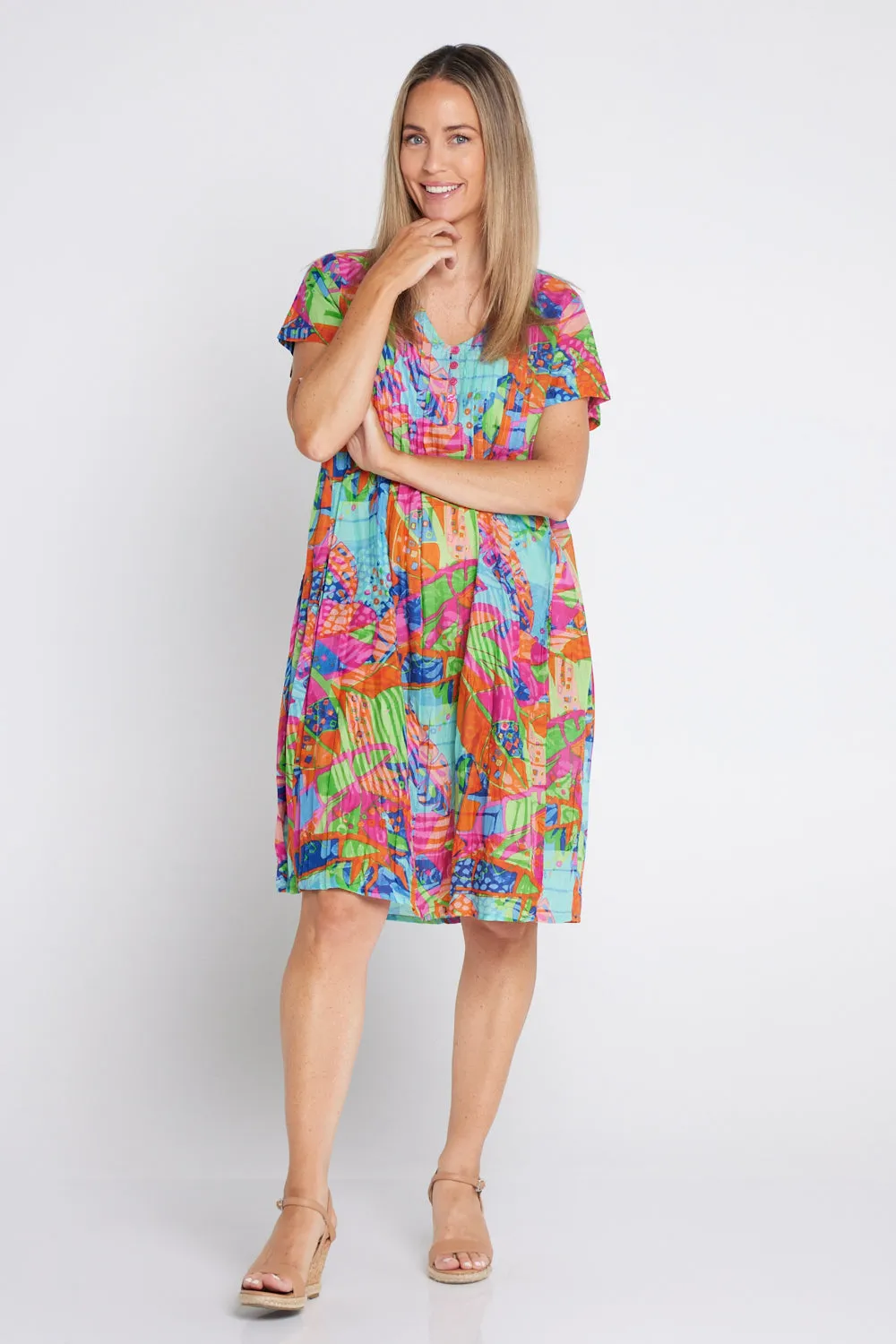Nicola Cap Sleeve Cotton Dress - Banana Leaf