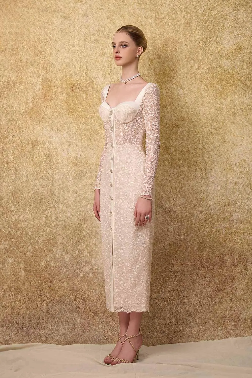 Noble Sheath Single Breasted Lace Midi Dress