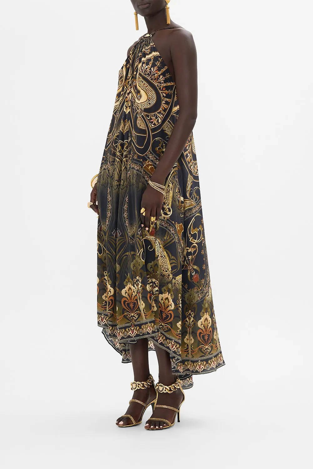 NOUVEAU NOIR GATHER NECK HARDWARE MAXI DRESS
