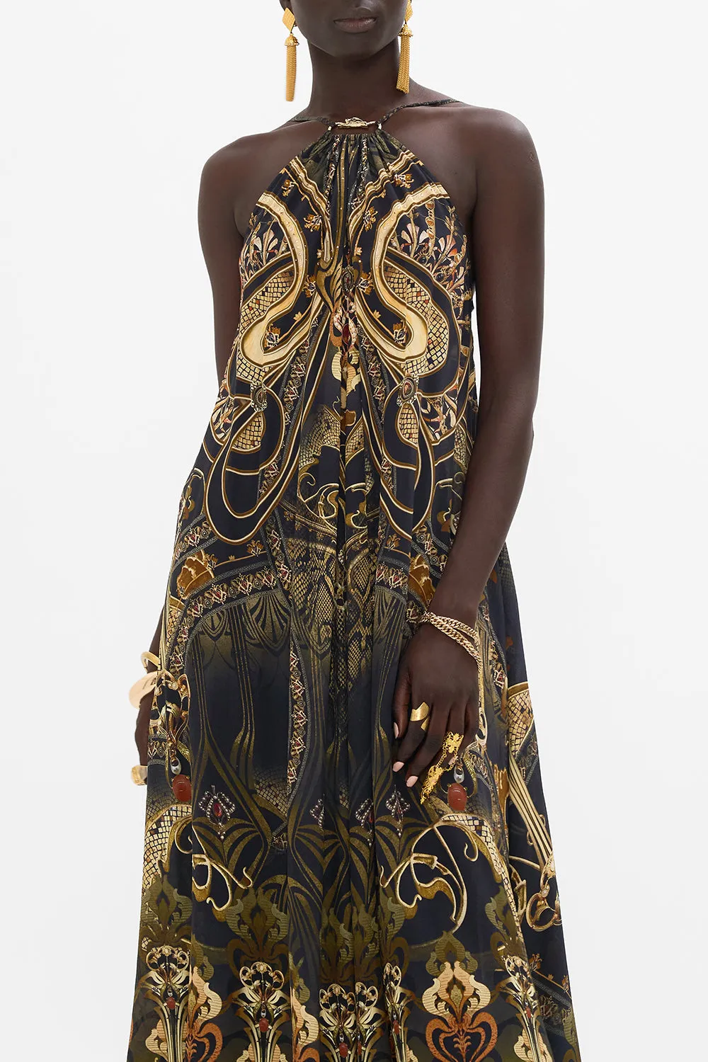 NOUVEAU NOIR GATHER NECK HARDWARE MAXI DRESS