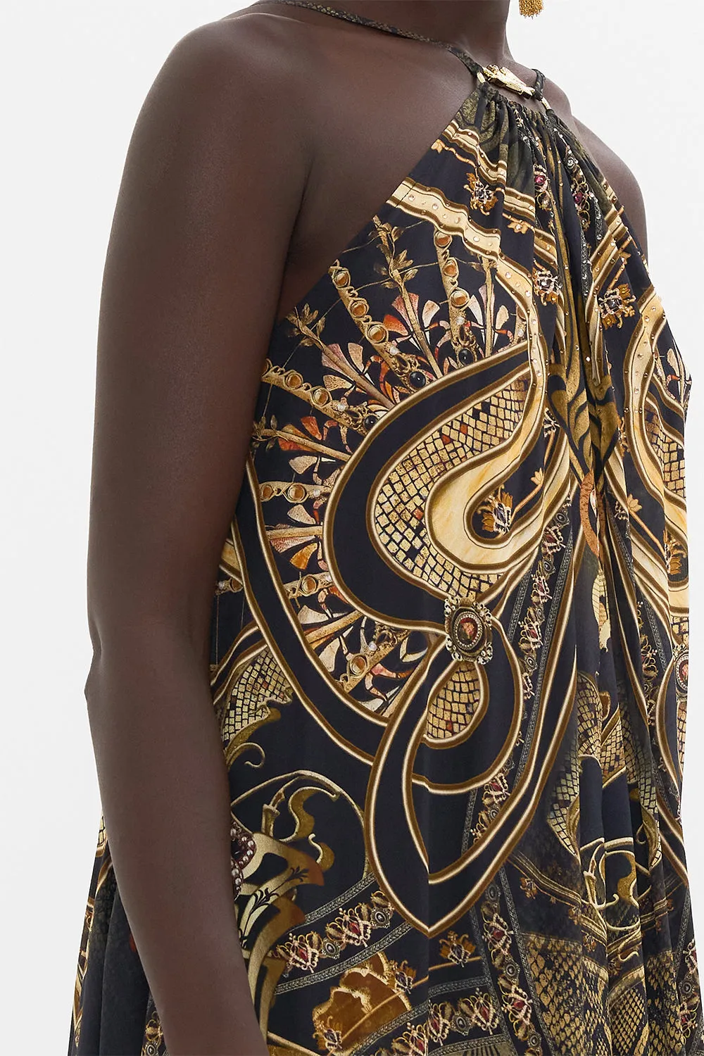 NOUVEAU NOIR GATHER NECK HARDWARE MAXI DRESS