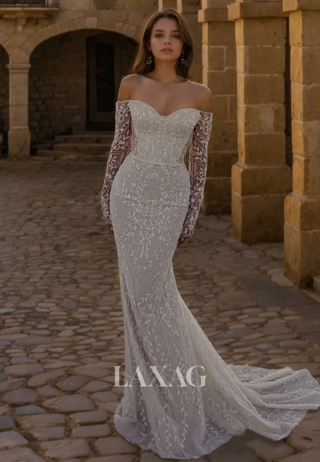 Off Shoulder Long Sleeves Tulle Lace Elegant Wedding Dress with Train