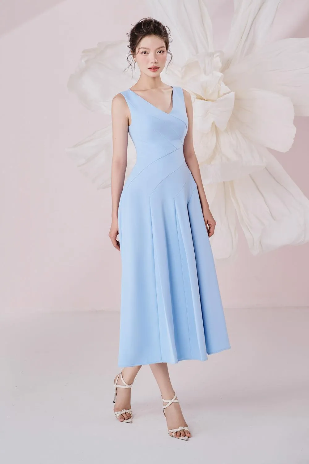 Opal A-line V-Neck Cotton Knitted Calf Length Dress