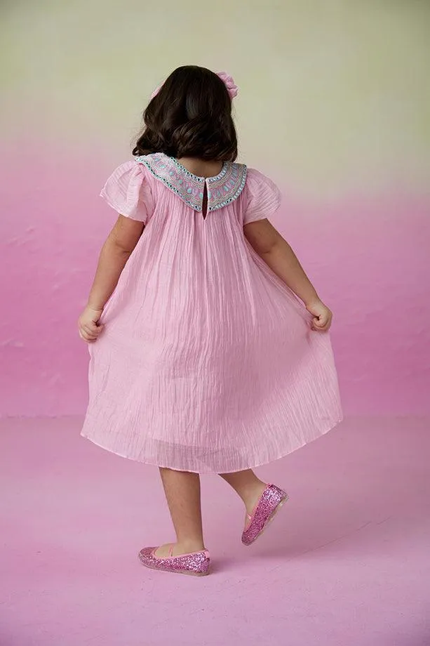 Orchid Dream- Orchid Pink Hand Embroidered Collar Dress for Girls