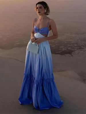 Patchwork Sling Sleeveless V Neck Backless Beach Maxi Dress