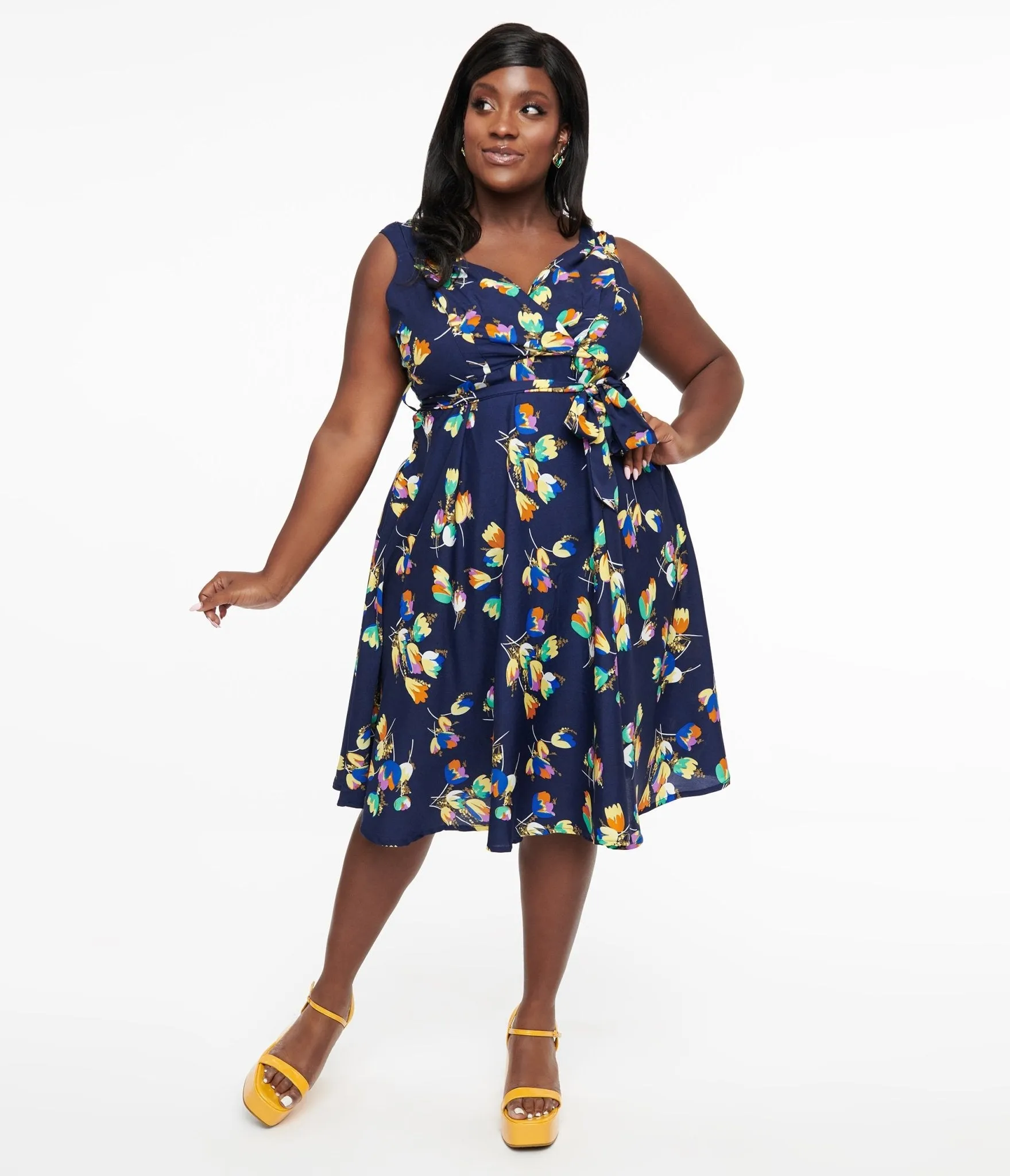 Plus Size 1950s Navy Floral Print Swing Dress