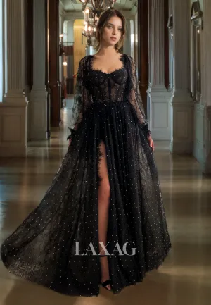 Polka Dot Black Lace Dress Sweetheart High Slit Long Sleeves A-Line Prom Dress