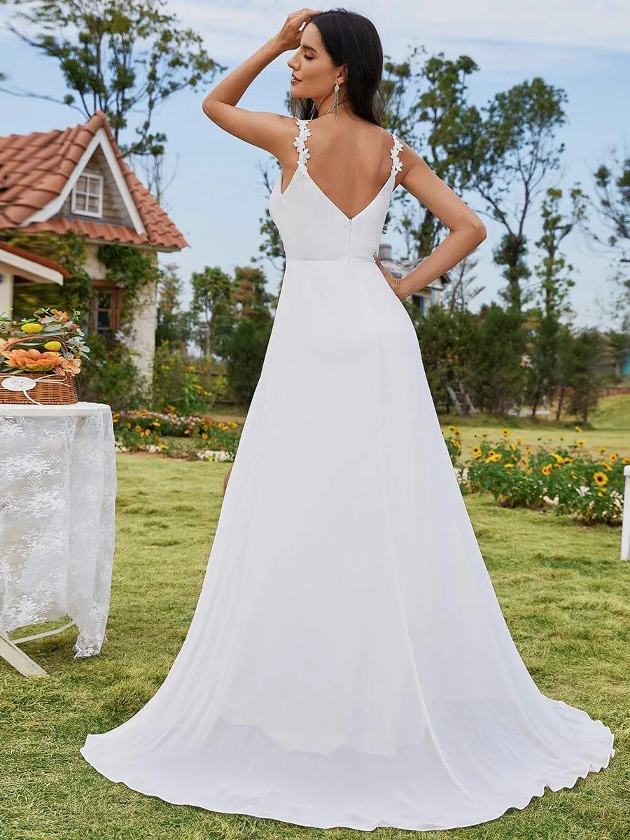 Printed Shoulder Straps V-Neck Chiffon High-Slit Wedding Dress