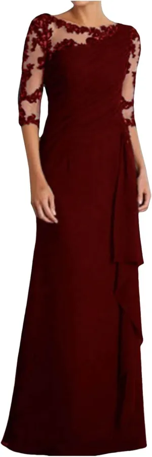 Rvidbe Formal Dresses for Women Wedding Guest Half Sleeve Crew Neck Maxi Evening Dress Chiffon Ruched Lace Ruffle Long Gown