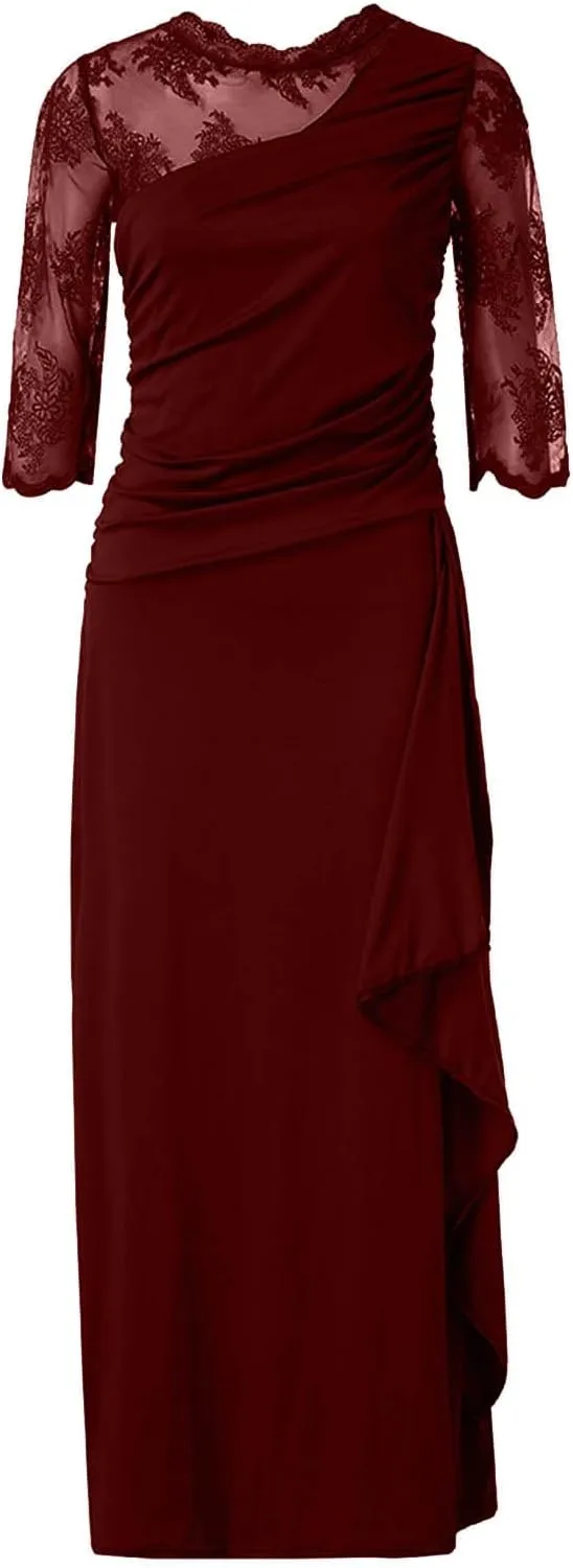 Rvidbe Formal Dresses for Women Wedding Guest Half Sleeve Crew Neck Maxi Evening Dress Chiffon Ruched Lace Ruffle Long Gown