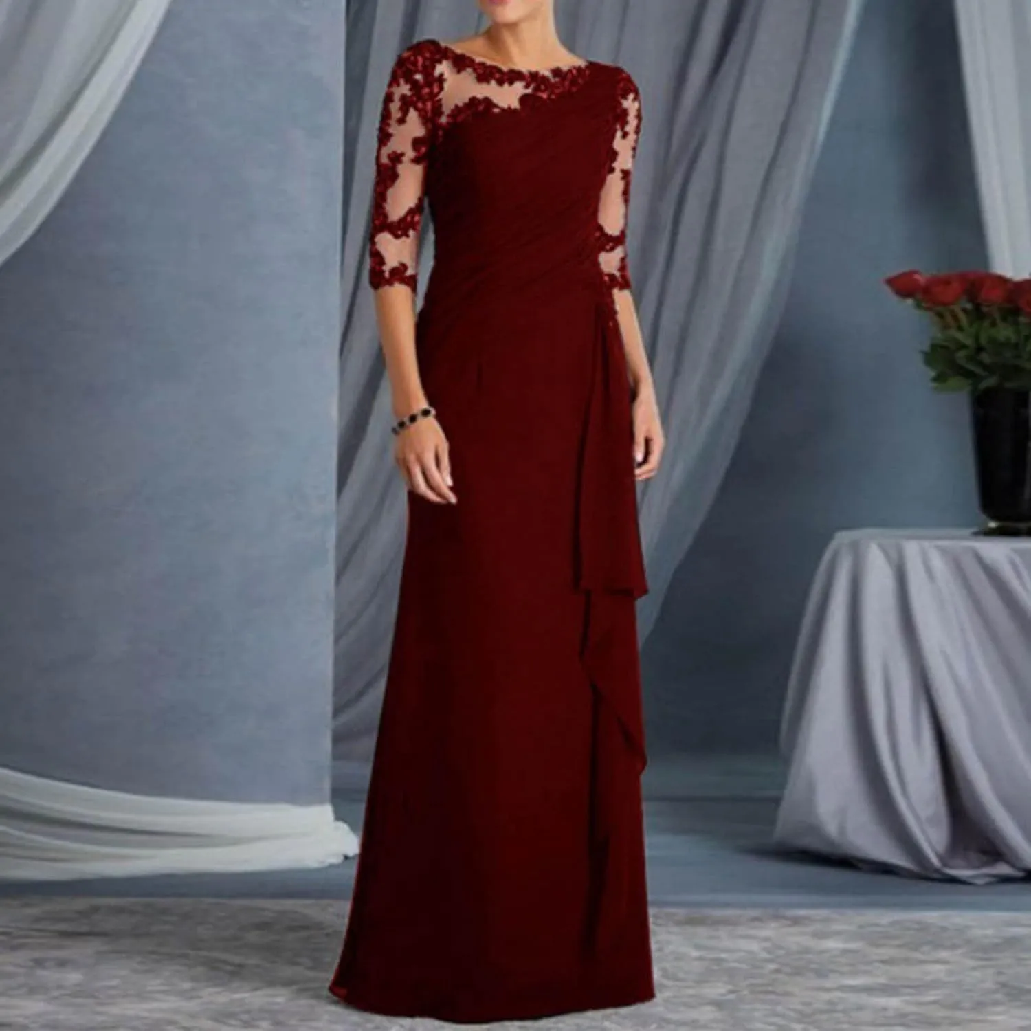 Rvidbe Formal Dresses for Women Wedding Guest Half Sleeve Crew Neck Maxi Evening Dress Chiffon Ruched Lace Ruffle Long Gown
