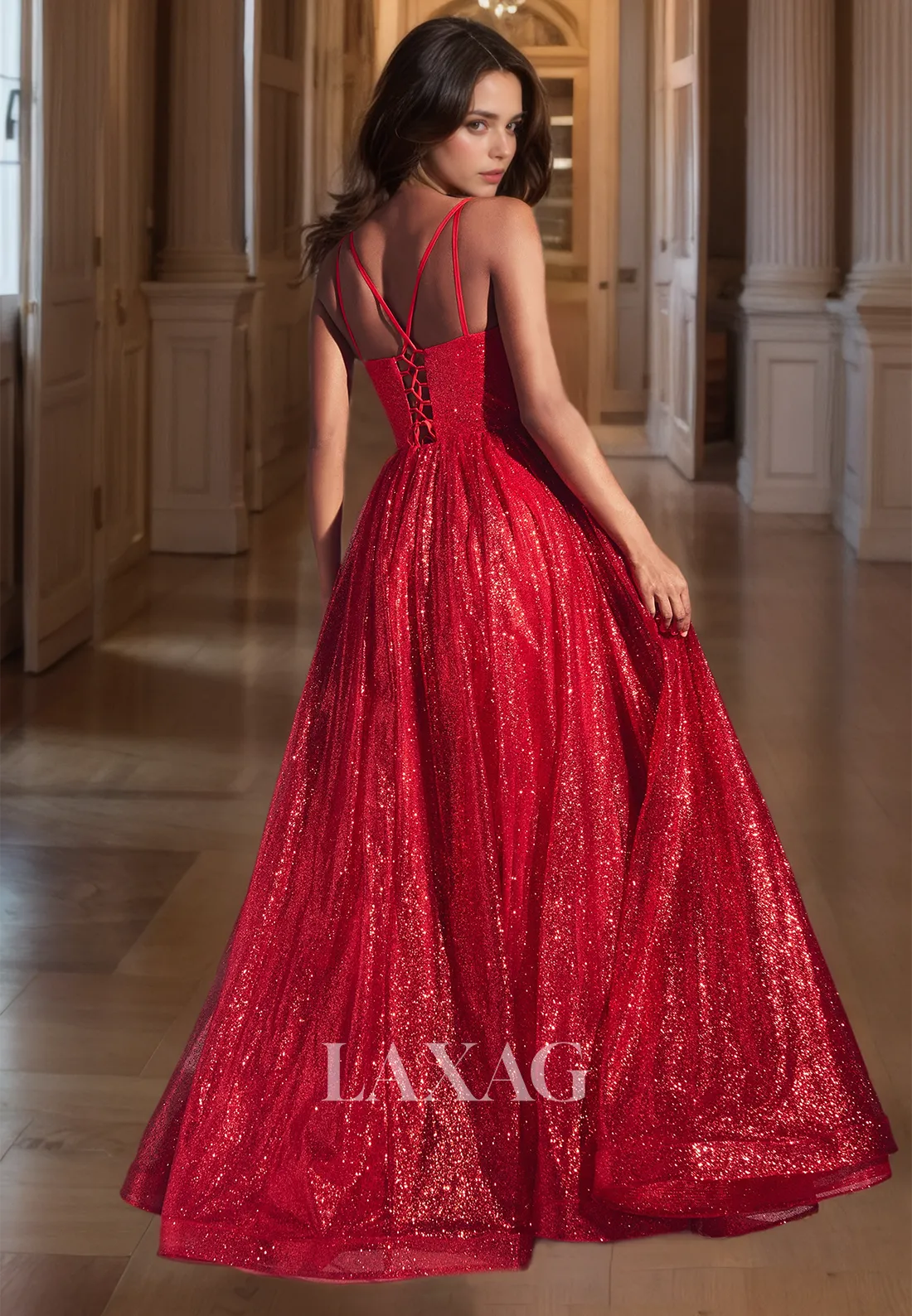 Shinny Sequined A-Line Party Dress Spaghetti Straps Sweetheart Red Long Prom Dress