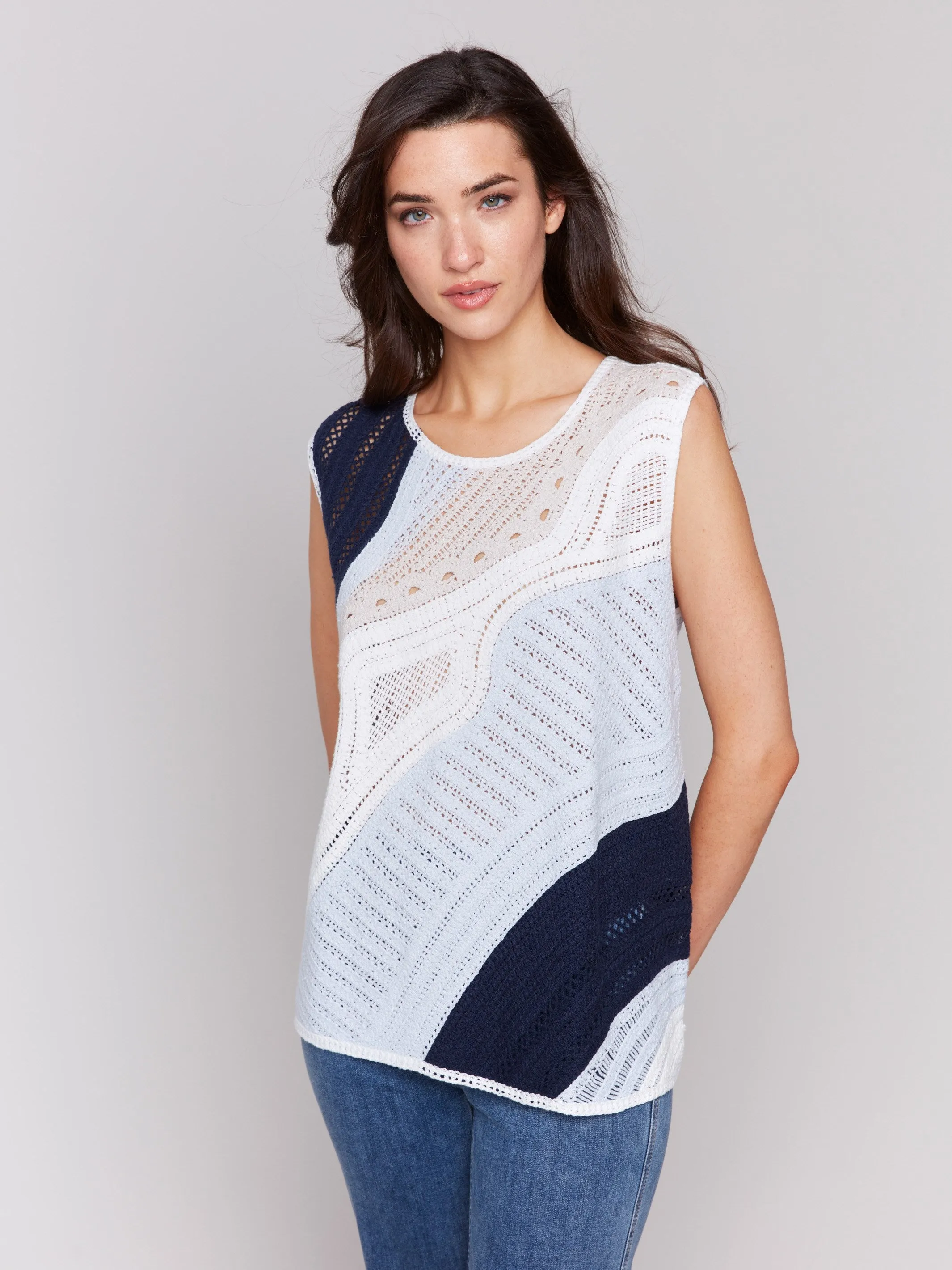Sleeveless Colorblock Crochet Top - Denim