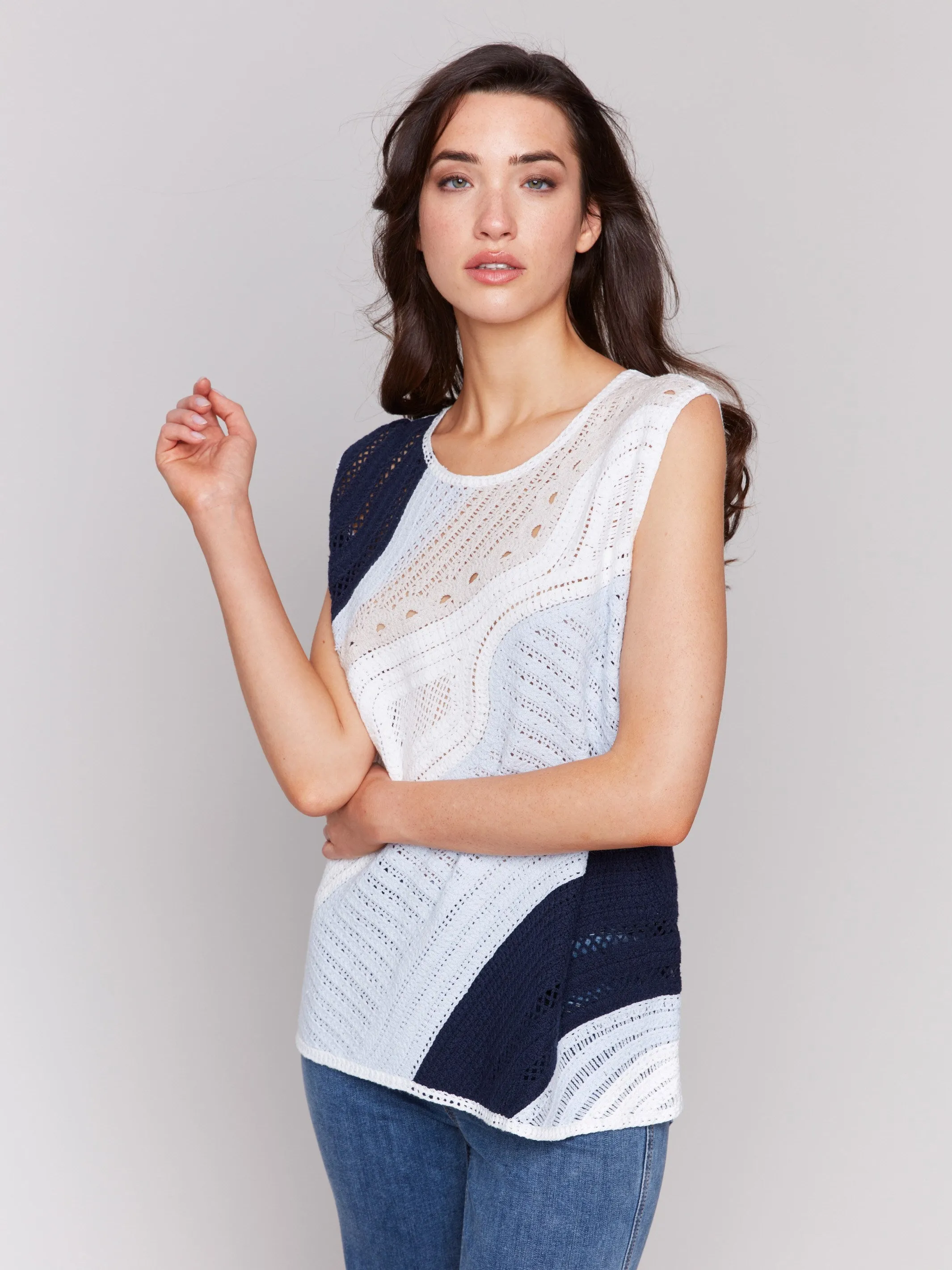 Sleeveless Colorblock Crochet Top - Denim