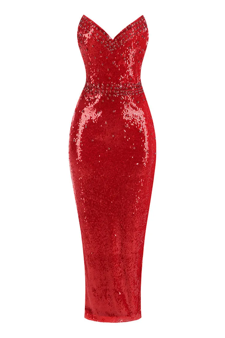 Sparkly Rhinestone Sweetheart Corset Sheath Sequin Cocktail Party Midi Dress