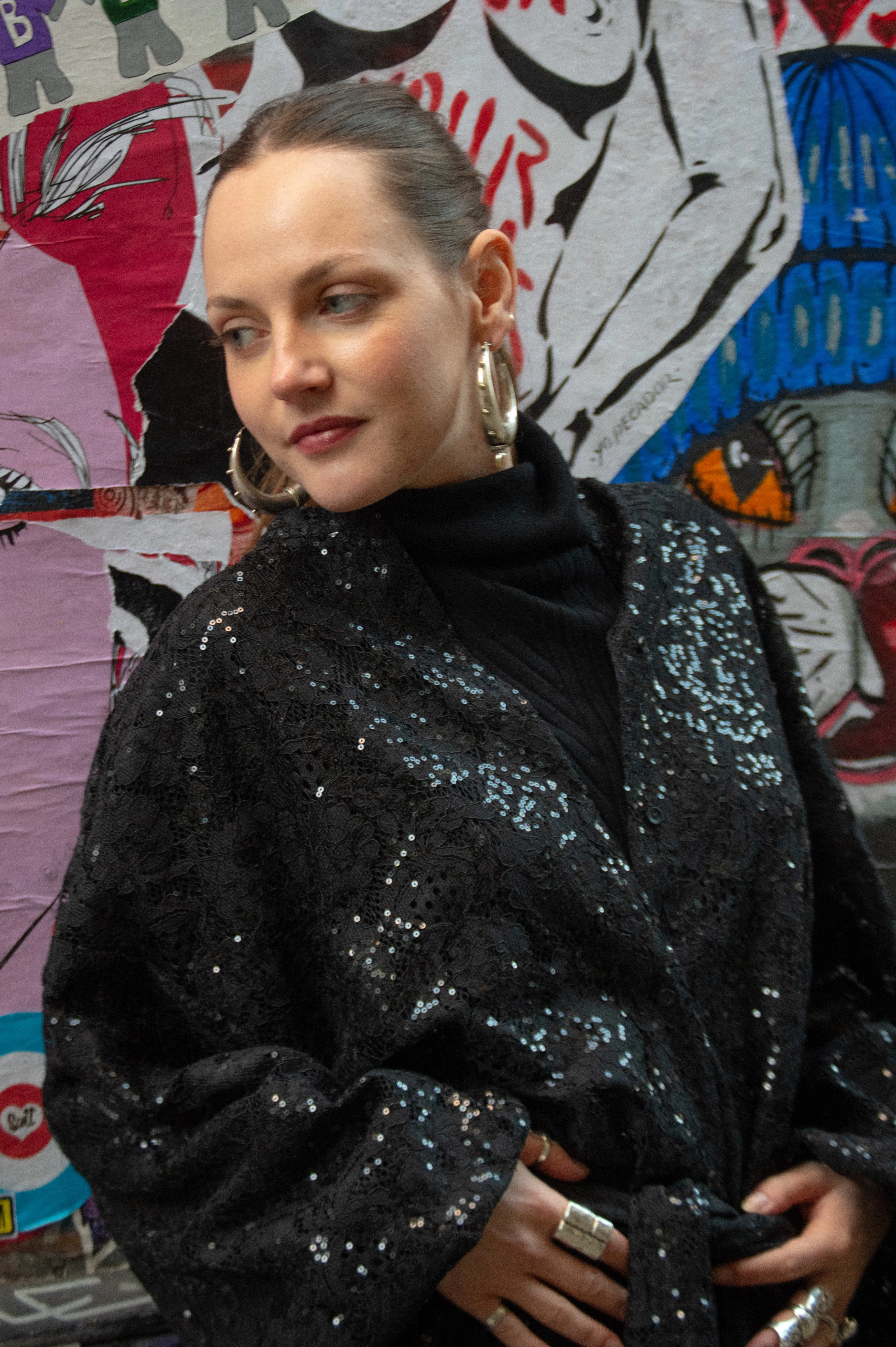 Stella Nova Black Lace Sequins Shirt Dress