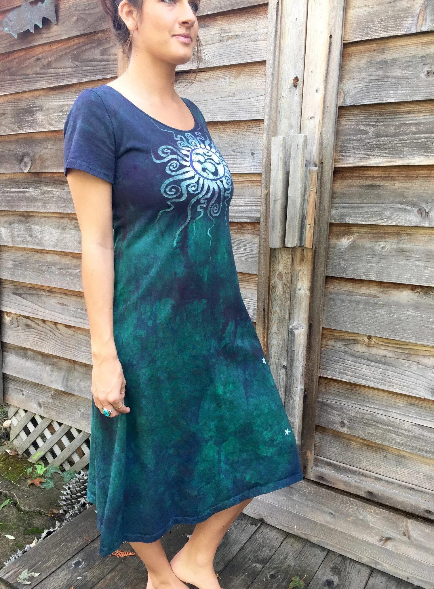 Teal and Purple Batik Om - Short Sleeve Dress