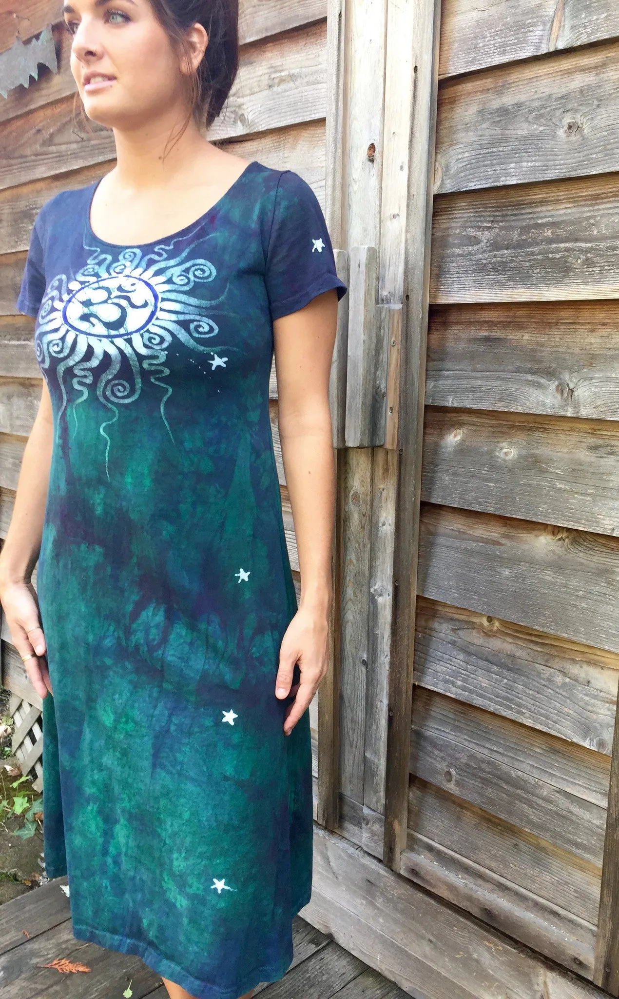Teal and Purple Batik Om - Short Sleeve Dress