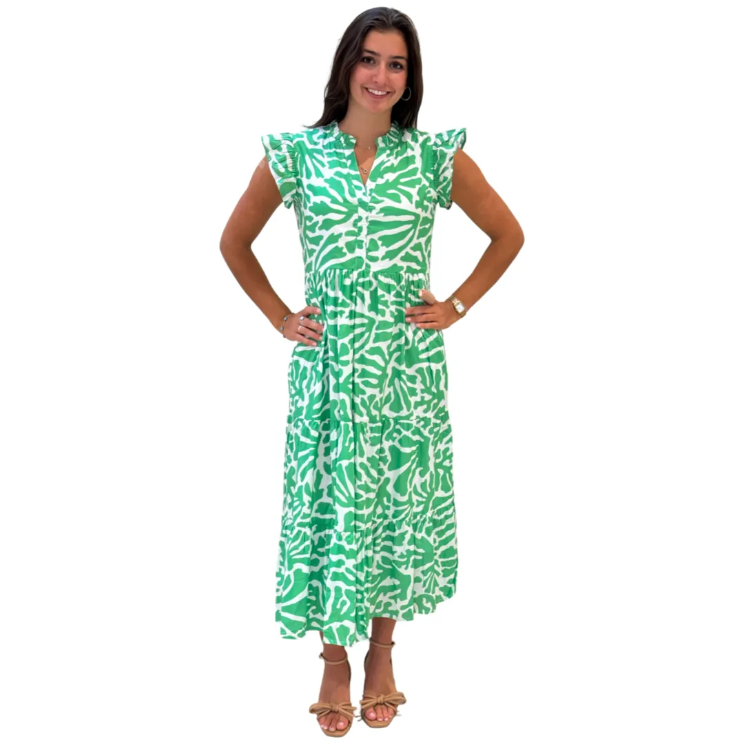 The Campbell Long Flutter Sleeve Dress in Vibrant Green and White