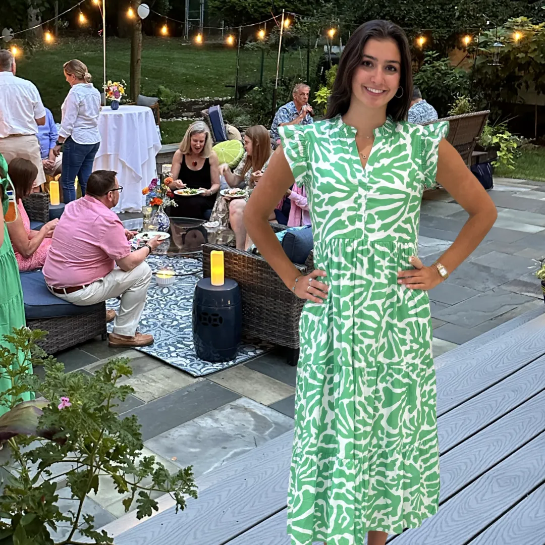 The Campbell Long Flutter Sleeve Dress in Vibrant Green and White