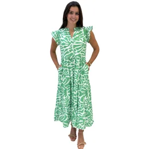 The Campbell Long Flutter Sleeve Dress in Vibrant Green and White