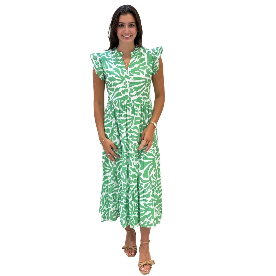 The Campbell Long Flutter Sleeve Dress in Vibrant Green and White