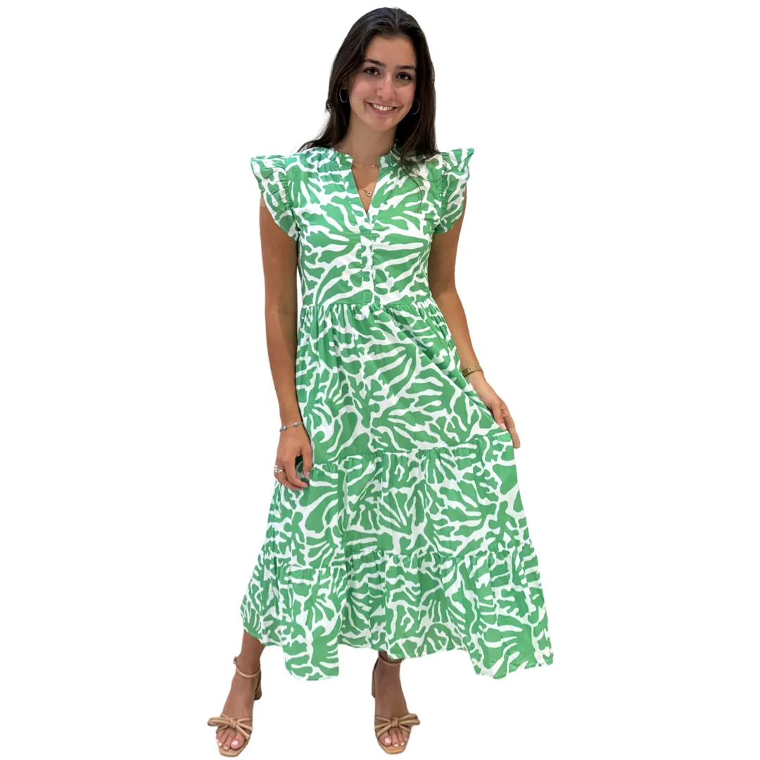 The Campbell Long Flutter Sleeve Dress in Vibrant Green and White