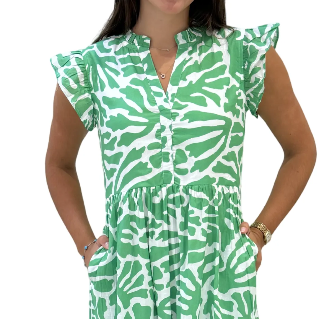 The Campbell Long Flutter Sleeve Dress in Vibrant Green and White