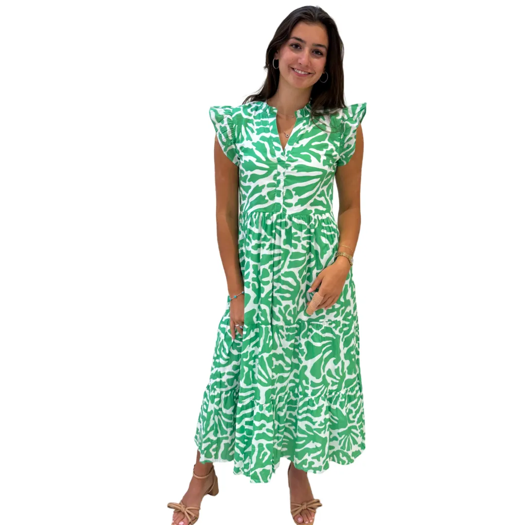 The Campbell Long Flutter Sleeve Dress in Vibrant Green and White