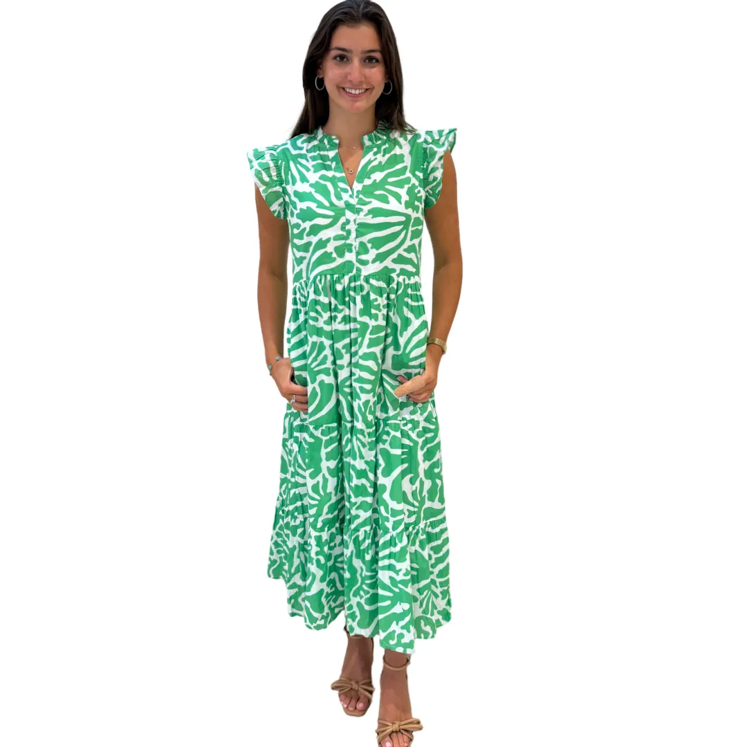 The Campbell Long Flutter Sleeve Dress in Vibrant Green and White