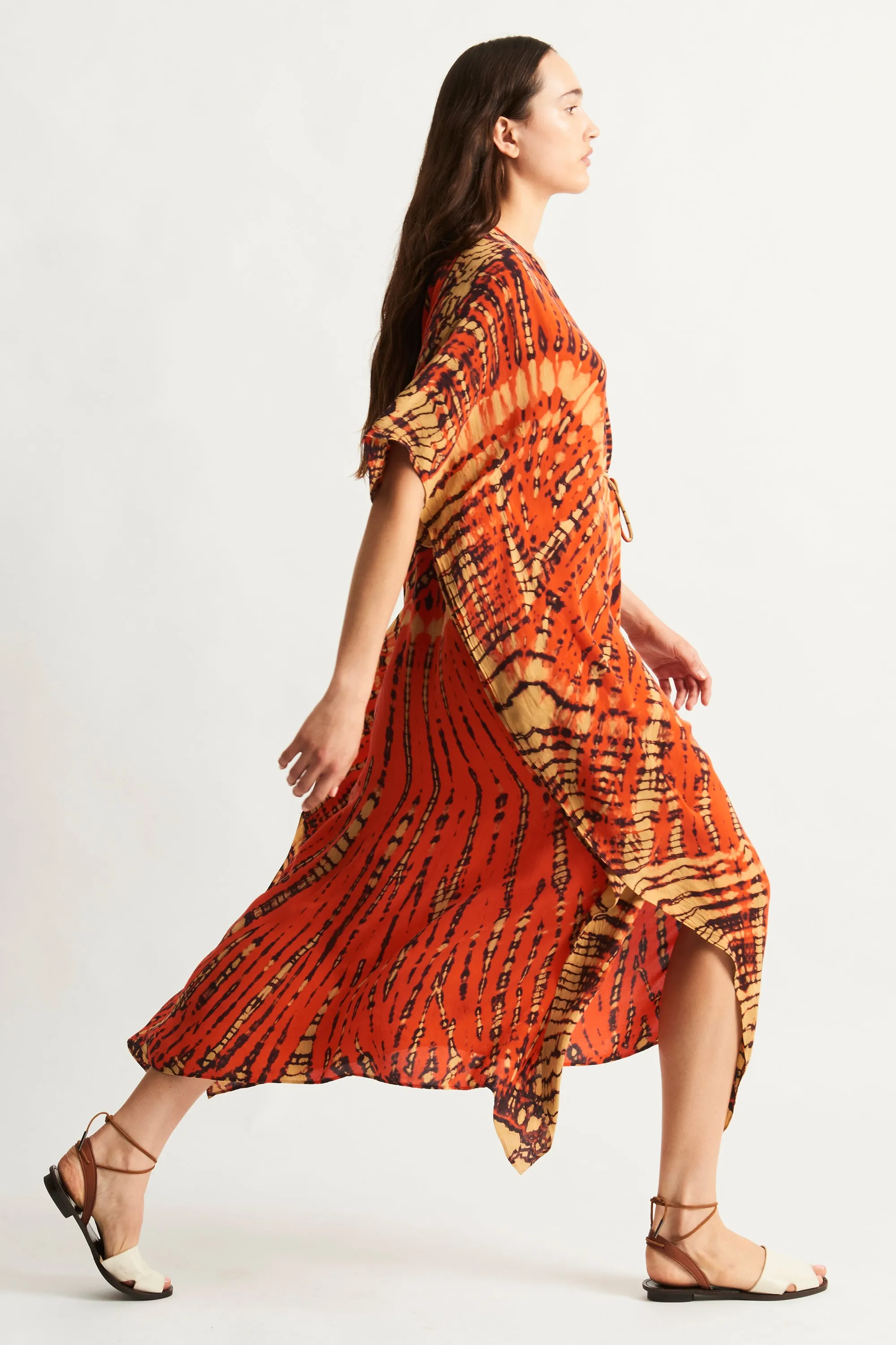 Tomato and Navy Kigali Silk Caftan