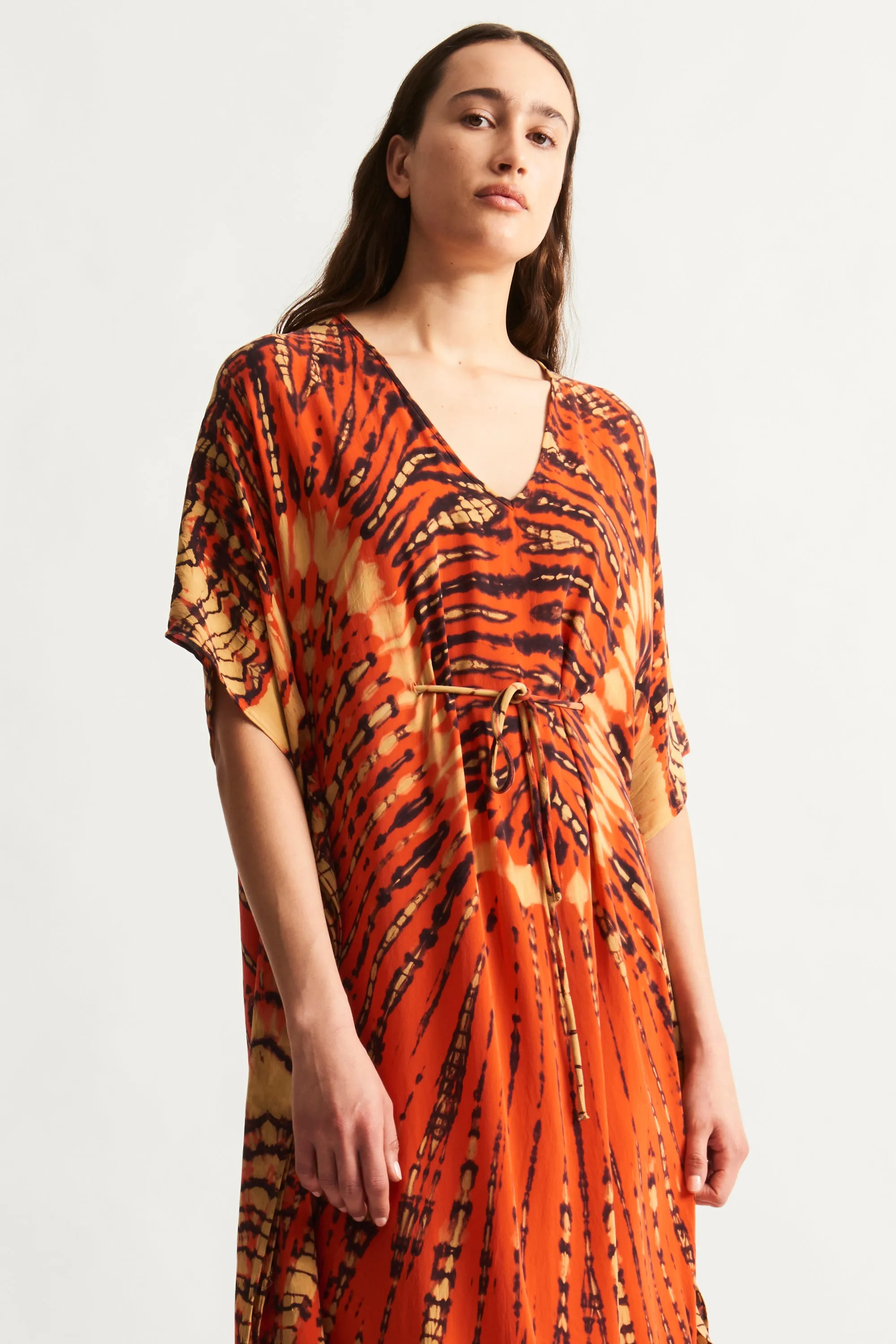 Tomato and Navy Kigali Silk Caftan