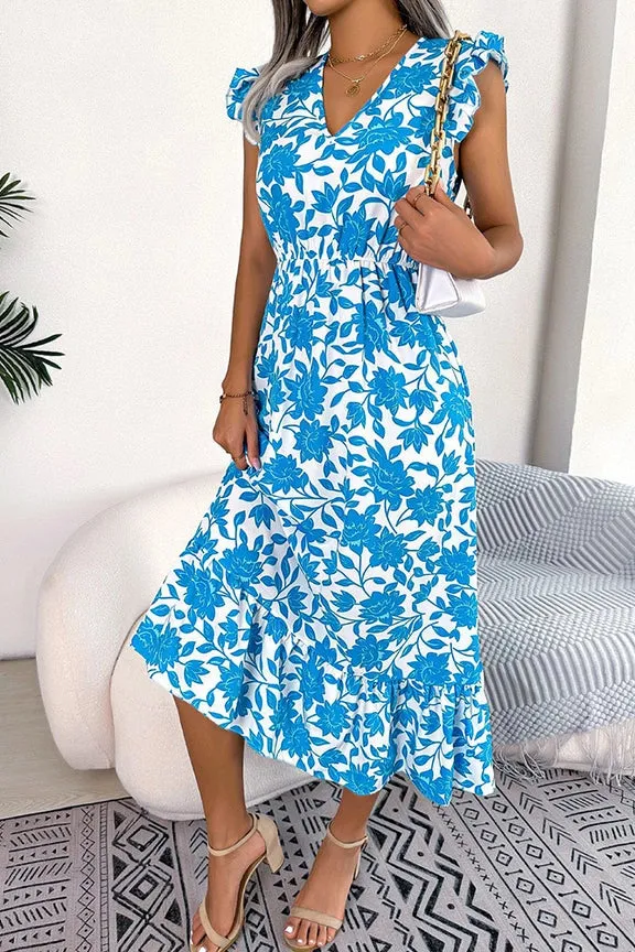 V Neck Flutter Sleeves Maxi Floral Dress - Bright Blue