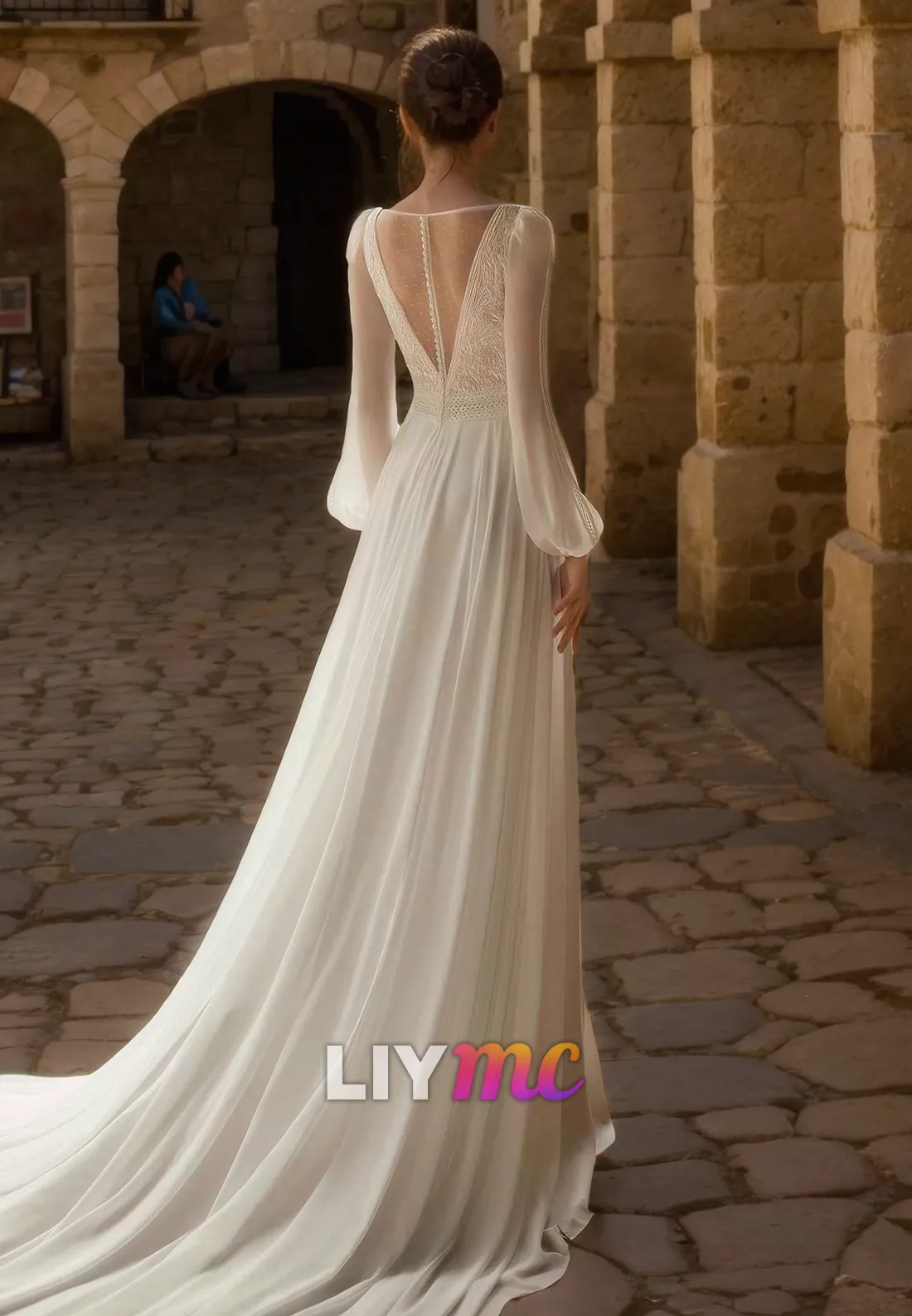 V-Neck Long Sleeves Appliques A-Line Boho Wedding Dress