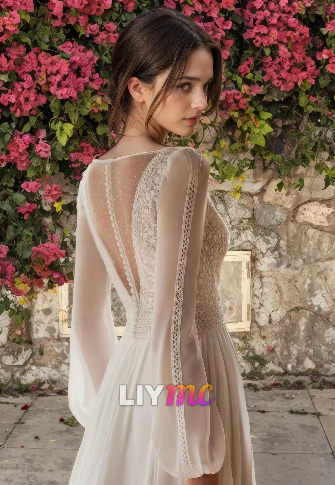 V-Neck Long Sleeves Appliques A-Line Boho Wedding Dress