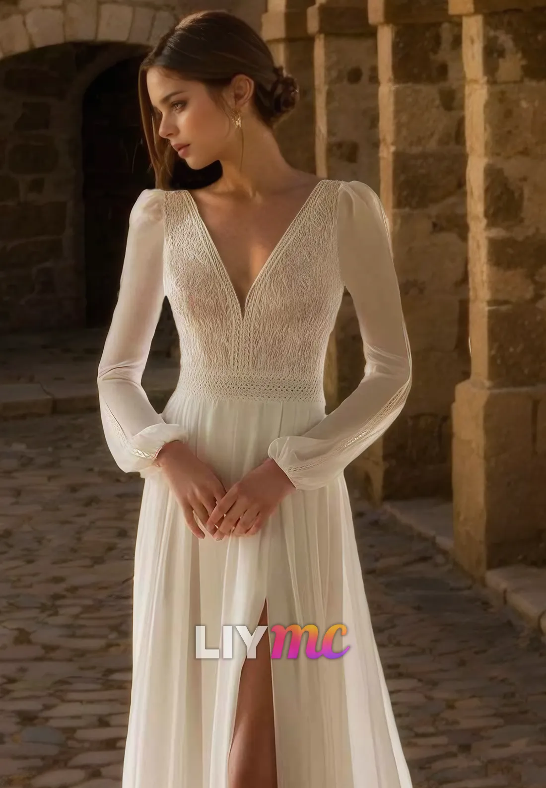 V-Neck Long Sleeves Appliques A-Line Boho Wedding Dress