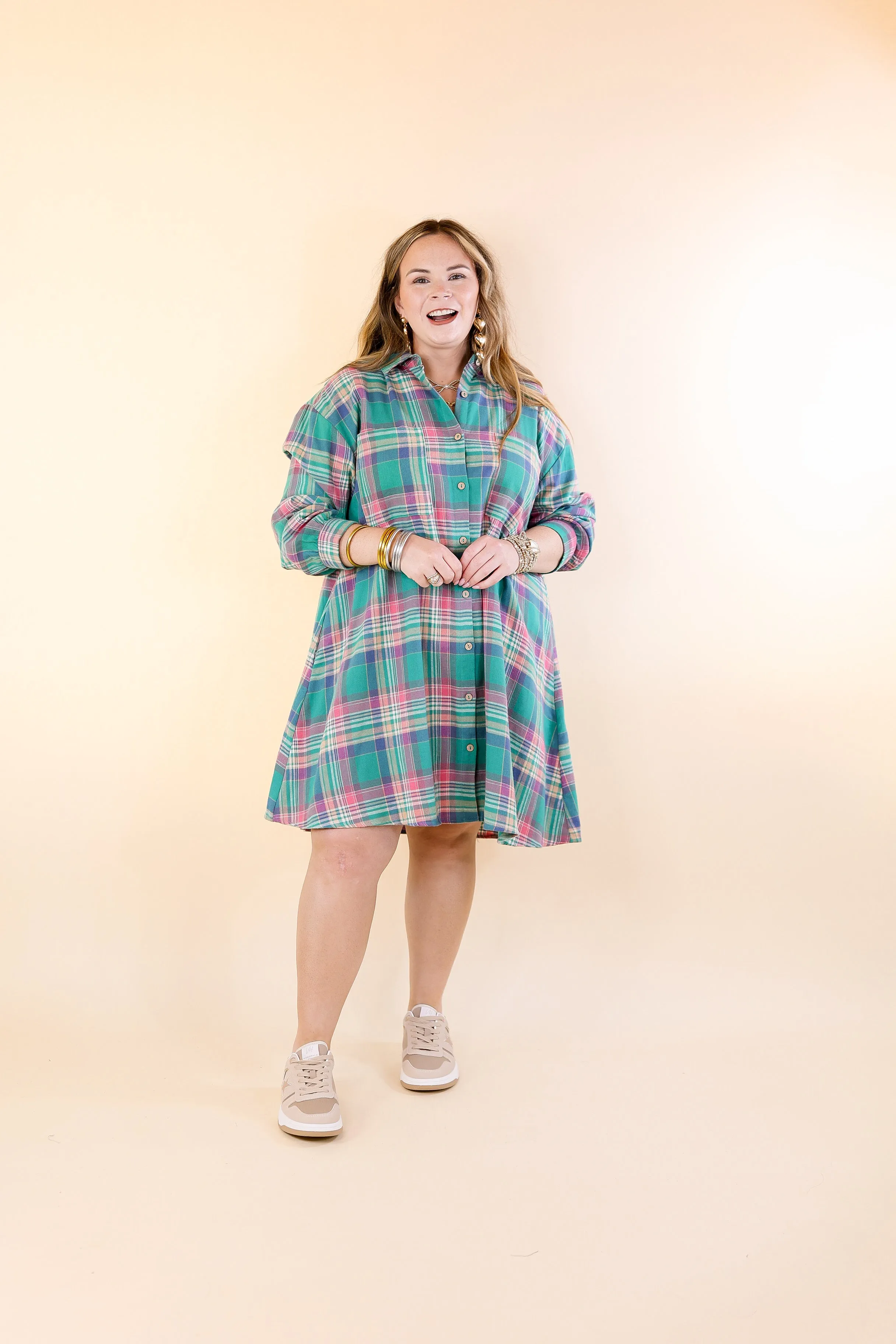 Vibrant Lifestyle Plaid Button Up Dress in Teal and Pink