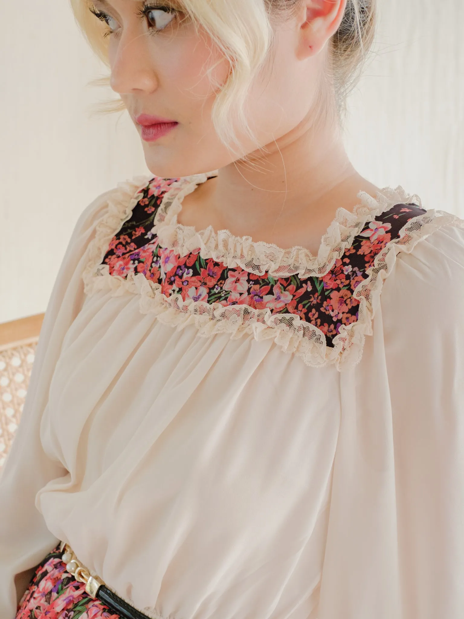 Vintage Floral Print Square Neck Ruffle Detail Maxi Dress