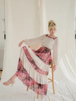 Vintage Floral Print Square Neck Ruffle Detail Maxi Dress