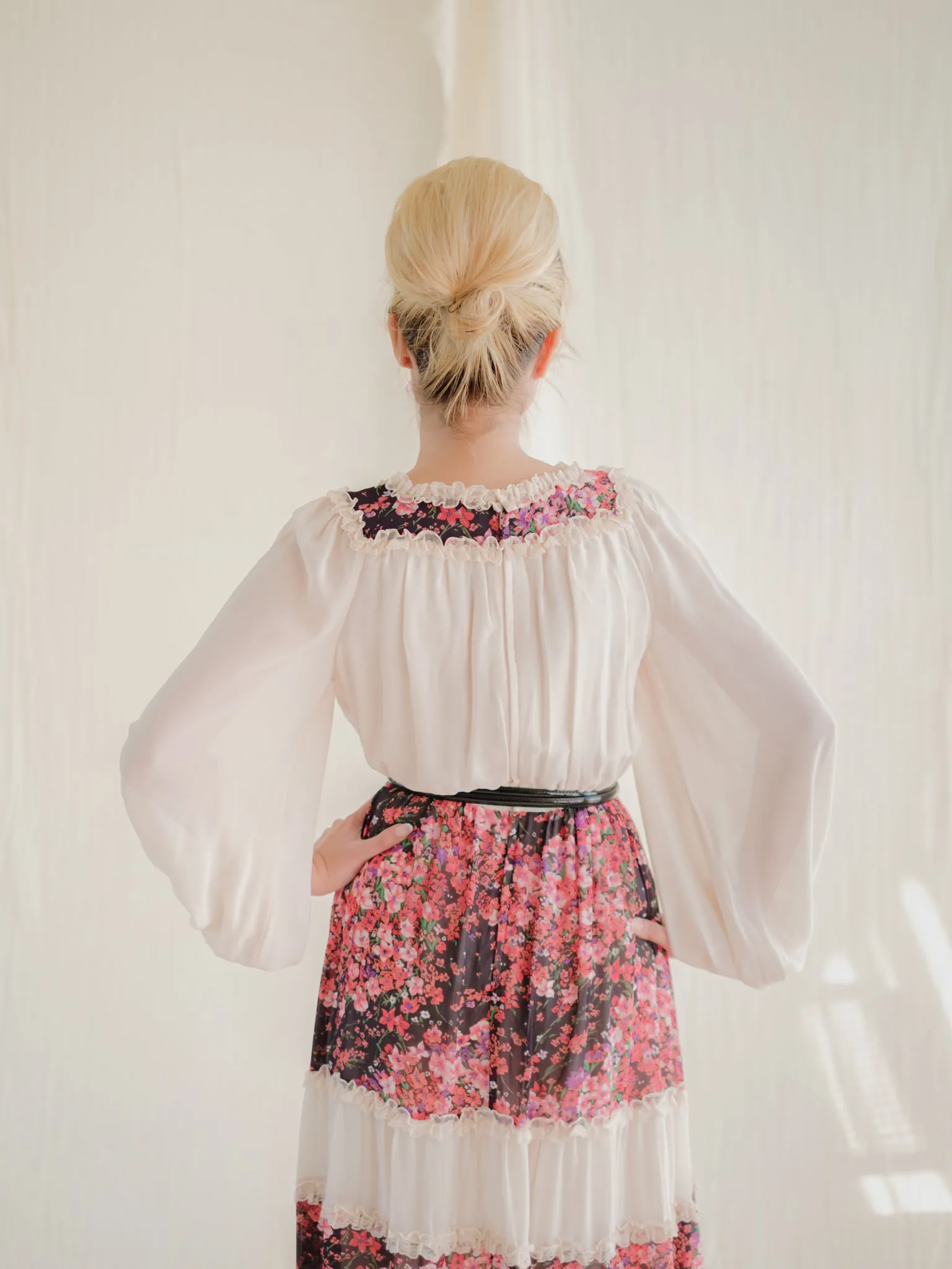Vintage Floral Print Square Neck Ruffle Detail Maxi Dress