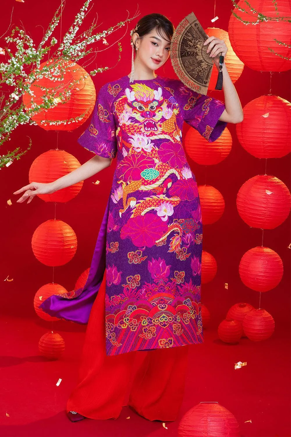 Violeta Straight Round Neck Brocade Calf Length Ao Dai