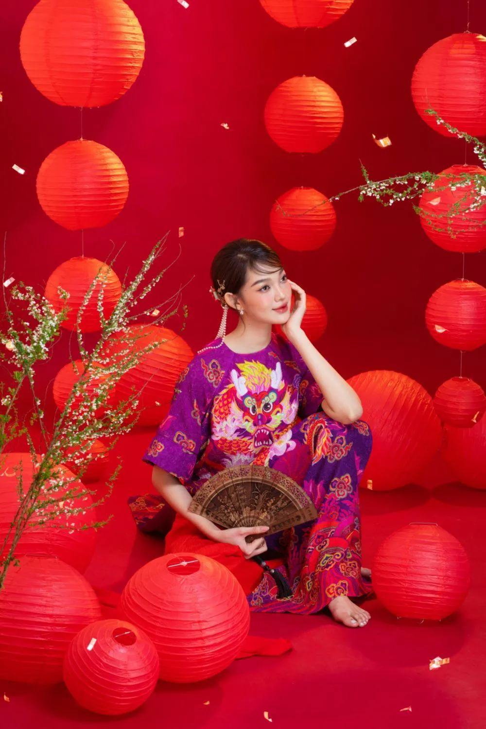 Violeta Straight Round Neck Brocade Calf Length Ao Dai