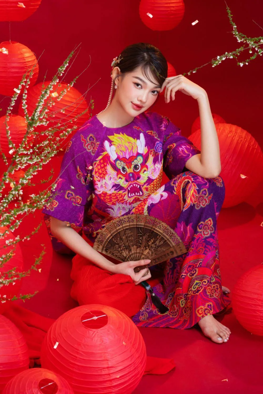 Violeta Straight Round Neck Brocade Calf Length Ao Dai