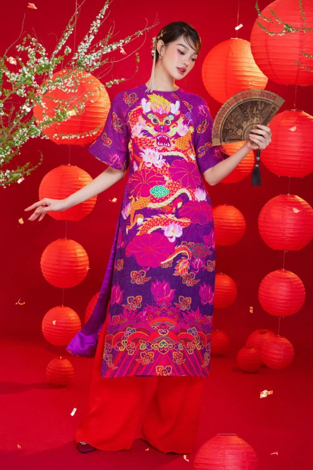 Violeta Straight Round Neck Brocade Calf Length Ao Dai
