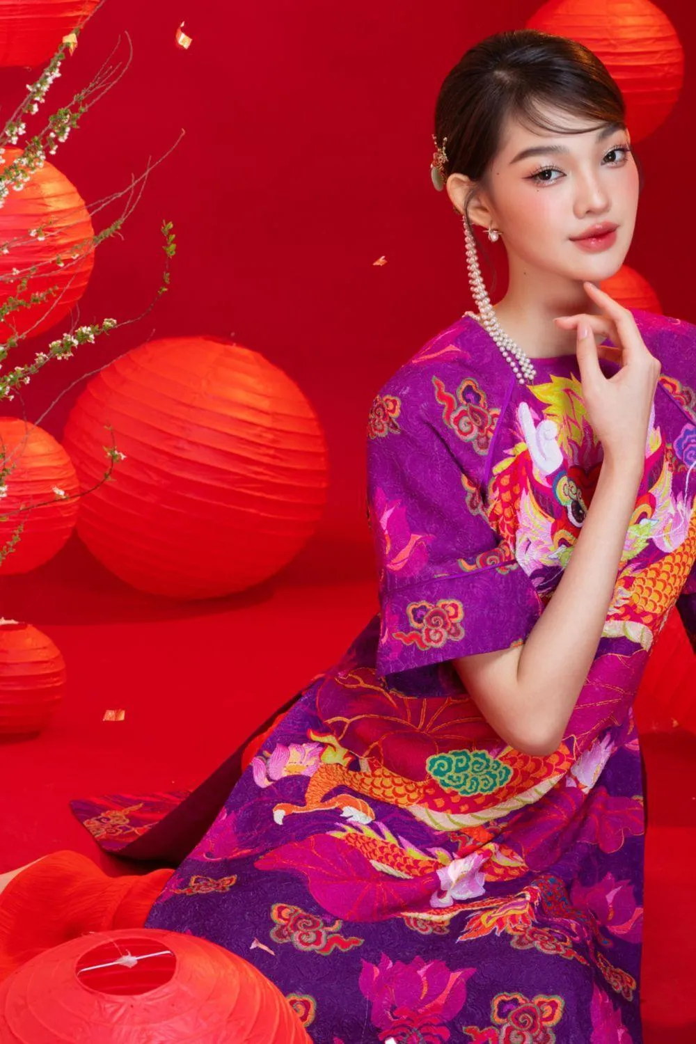 Violeta Straight Round Neck Brocade Calf Length Ao Dai