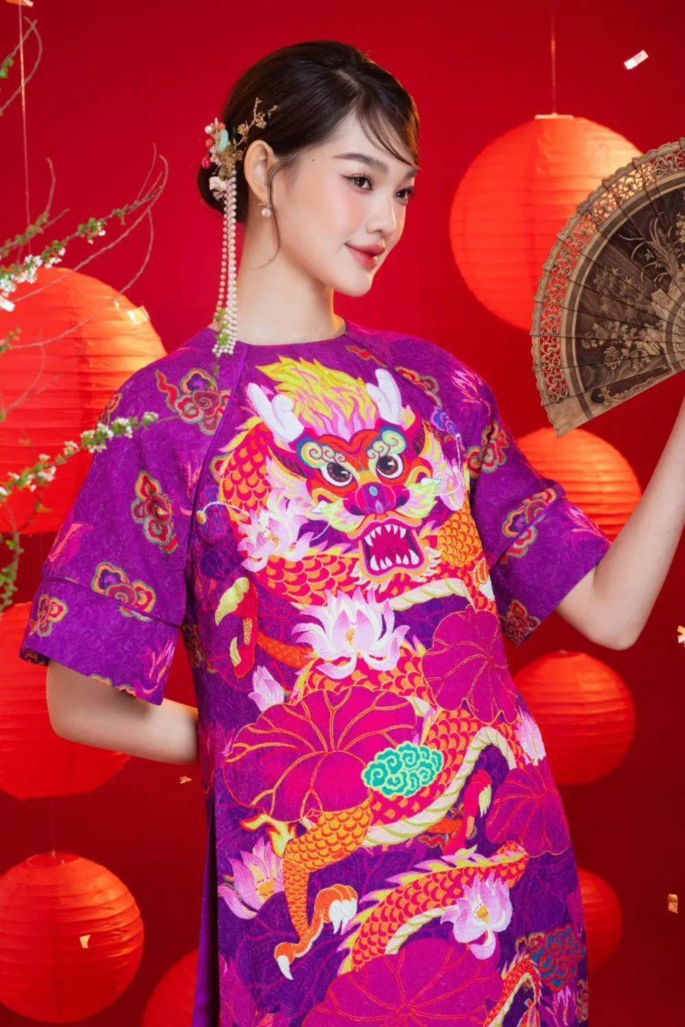 Violeta Straight Round Neck Brocade Calf Length Ao Dai