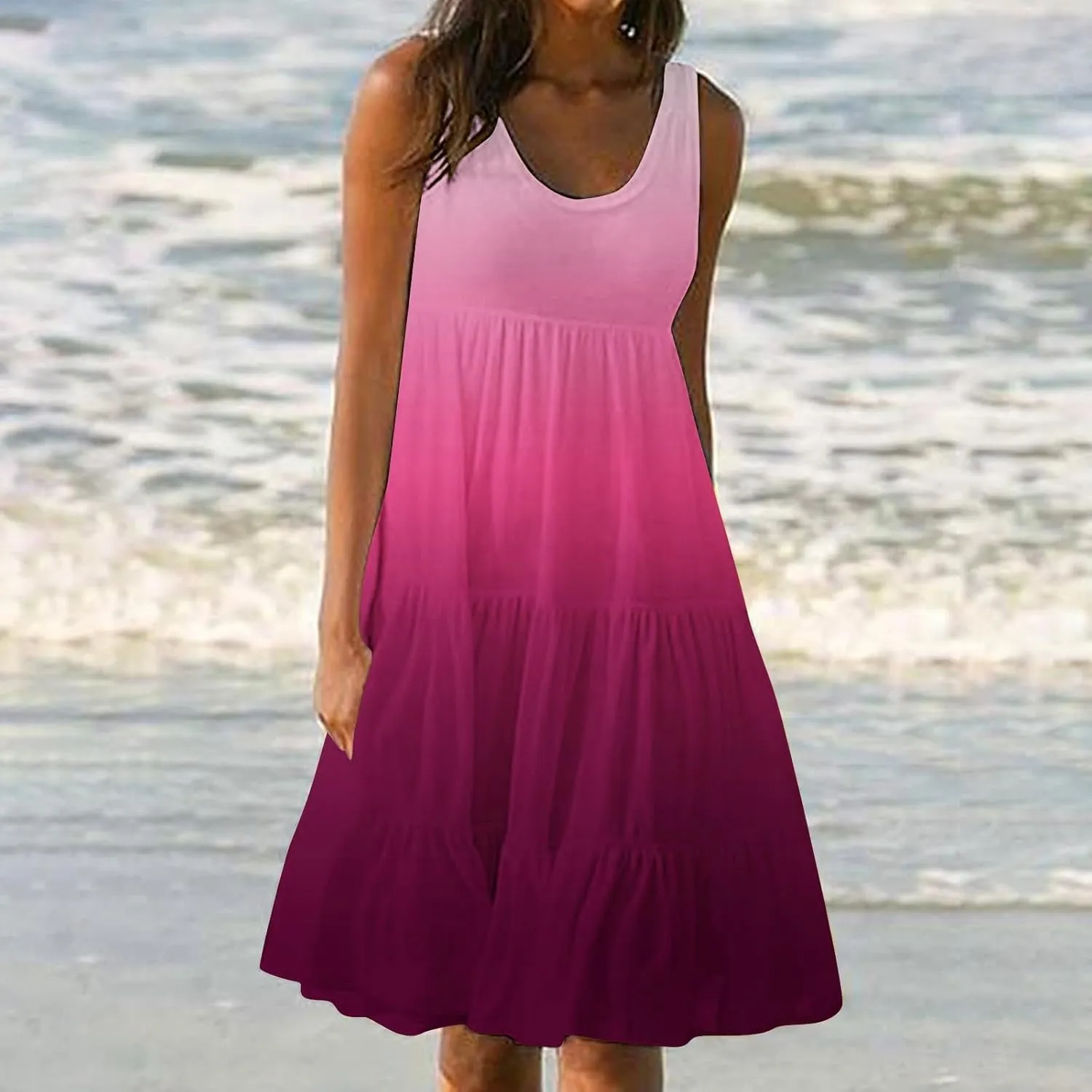 Women Plus Size Tank Dress Sleeveless Crew Neck Pleated Beach Mini Dresses Ruffle Tiered Flowy Summer Sundresses