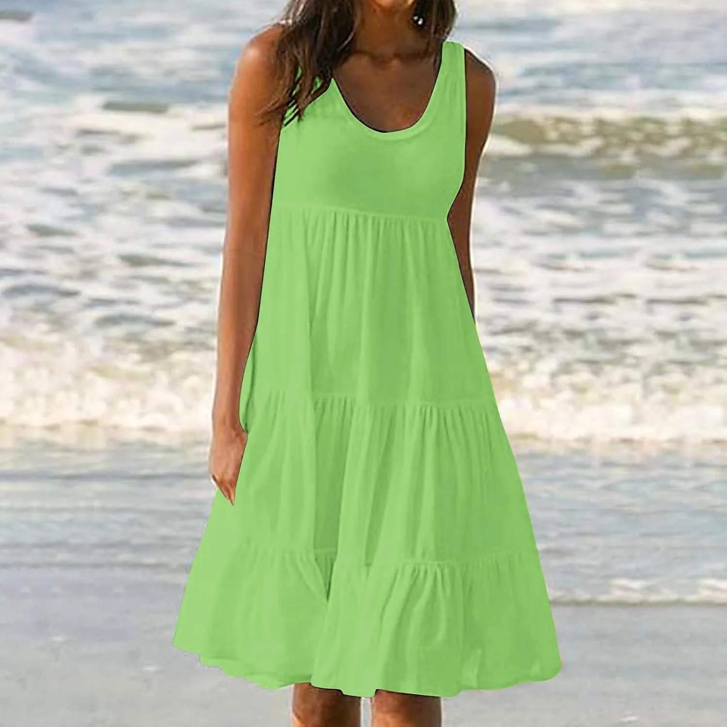 Women Plus Size Tank Dress Sleeveless Crew Neck Pleated Beach Mini Dresses Ruffle Tiered Flowy Summer Sundresses