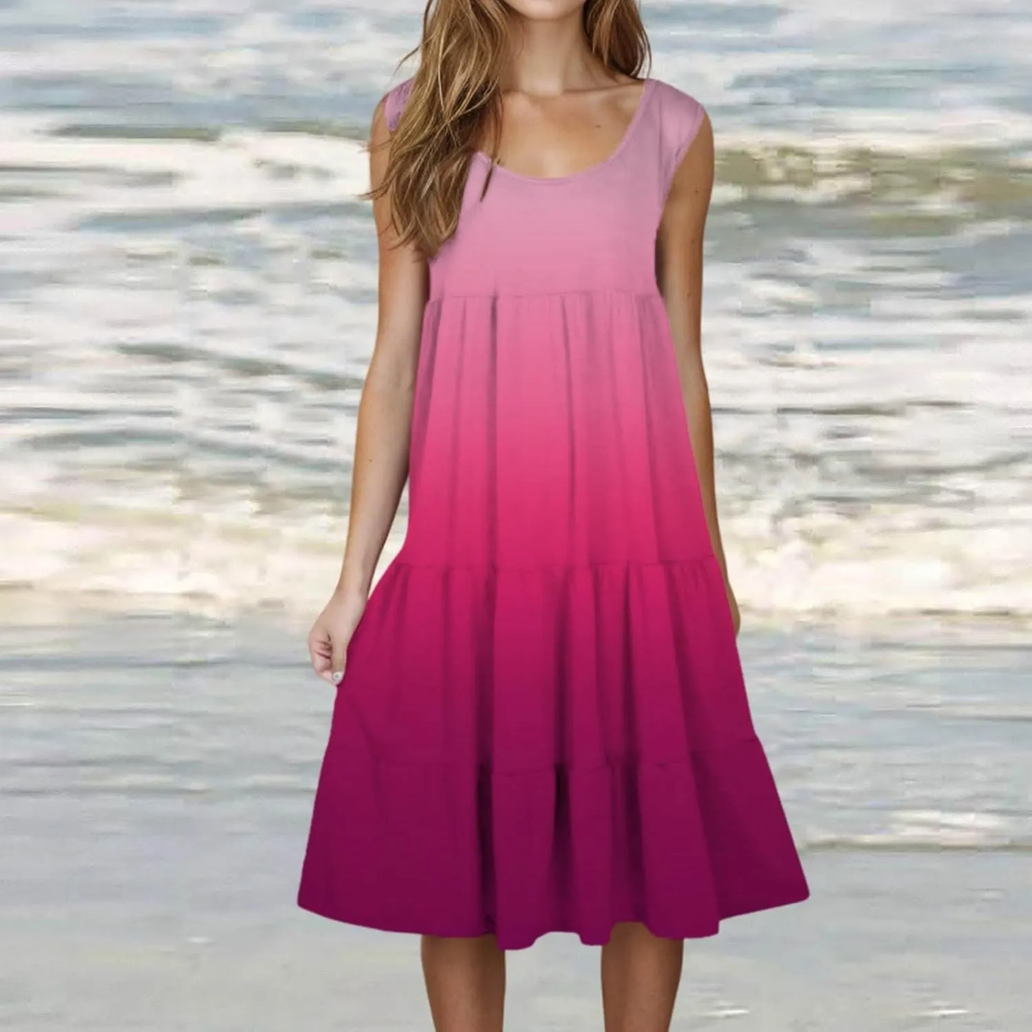 Women Plus Size Tank Dress Sleeveless Crew Neck Pleated Beach Mini Dresses Ruffle Tiered Flowy Summer Sundresses