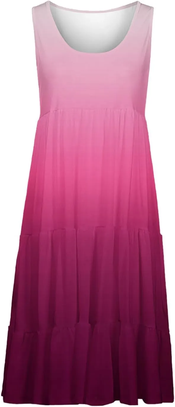 Women Plus Size Tank Dress Sleeveless Crew Neck Pleated Beach Mini Dresses Ruffle Tiered Flowy Summer Sundresses